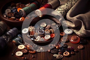 Large collection of old vintage sewing buttons, AI Generated