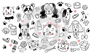 Large collection of pets and their belongings. Cute dog and cat characters, toys and paw prints, food and feed. Vector