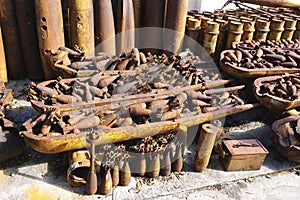 Large group of mortars, grenades, bombs and unexploded ordnance in rural Laos. photo