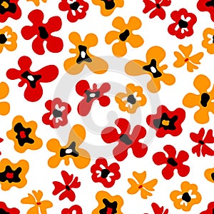 Large colorful bold red and orange flowers on white seamless pattern, vector