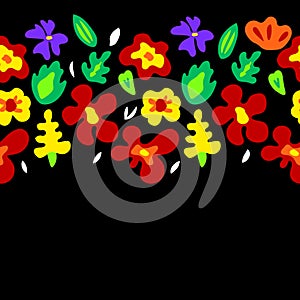 Large colorful flowers on black horizontal seamless border, vector