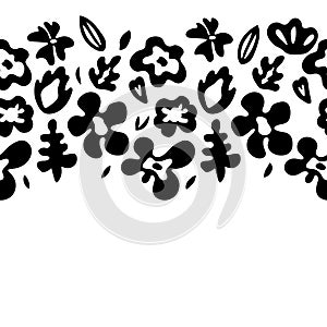 Large colorful flowers on black horizontal seamless border, vector