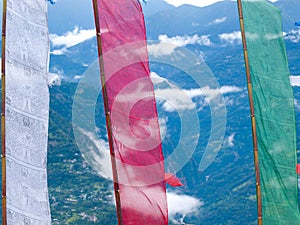 Large colorful prayer flags at Sikkims ancient capitol Rabdentse (India) in the Himalayan mountains