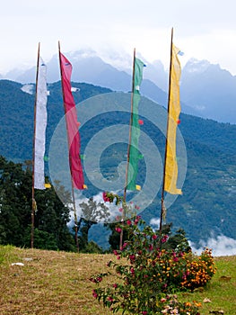 Large colorful prayer flags at Sikkims ancient capitol Rabdentse (India) in the Himalayan mountains
