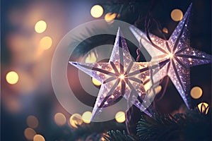 Large colorful stars on Christmas tree branches, bohek effect in the background, Christmas banner with space for your own content