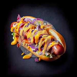 Large colorful tasty succulent hot dog with ketchup and mustard design concept made with Generative AI