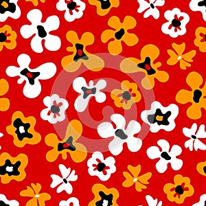 Large colorful white and orange bold flowers on red, seamless pattern, vector