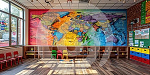 A large colorful world map is on the wall of a room