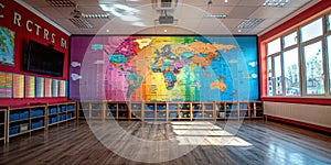 A large colorful world map is on the wall of a room