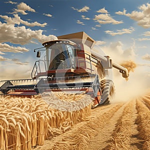 Large Combine Harvesting Wheat in Field. Generative AI.