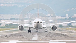 Large commercial airplane take off safely on airport runway. Journey abroad tourism, oversea travel, flight transit