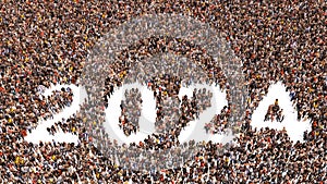 Large community of people forming 2024 year. 3d illustration metaphor for celebration, festive, party, hope