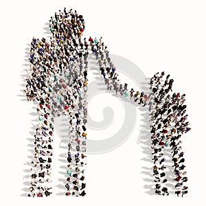 Large community of people forming the adult and child holding hands sign
