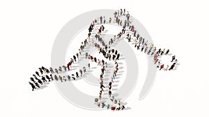 Large community of people forming the image of a basketball player on white background