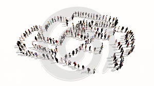 Large community of people forming the image of a formula one car on white background