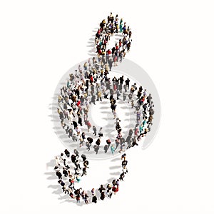 Large community of people forming the image of a musical note on white background