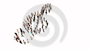 Large community of people forming the image of a musical note on white background. A 3d illustration