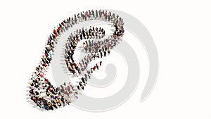 Large comunity of people forming the image of an ear on gray background