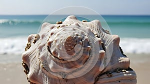 A large conch shell on a beach with the ocean in the background. (AI Generated)