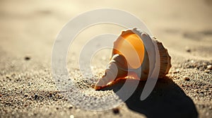 A large conch shell rests on a sandy surface
