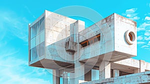 A large concrete building with a clock on the side of it, AI