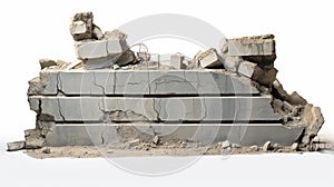 Large concrete fragments of the remains of a building with protruding rebar. generative ai