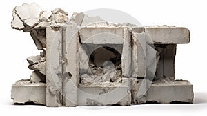 Large concrete fragments of the remains of a building with protruding rebar. generative ai