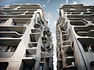 large concrete futuristic brutalist apartment building with curved organic design