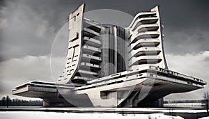 large concrete futuristic brutalist apartment building in a snow covered winter landscape