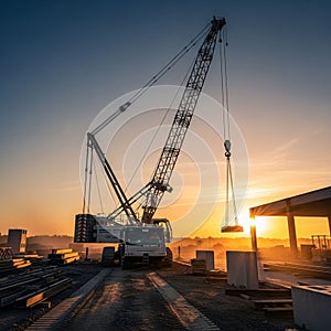 A construction site during sunrise or sunset. The crane is equipped with