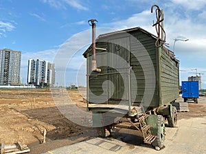 Large construction industrial mobile wagon, trailer for construction workers life at construction site