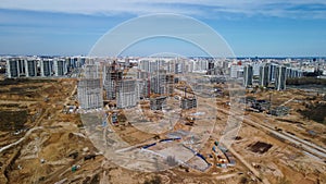 Large construction site. Construction of modern multi-storey residential buildings. Construction of apartment buildings from