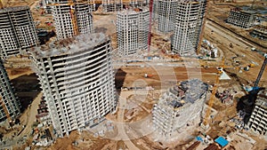 Large construction site. Construction of modern multi-storey residential buildings. Construction of apartment buildings from