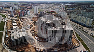 Large construction site. Construction of modern multi-storey residential buildings. Construction of apartment buildings from