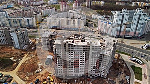 Large construction site. Construction of modern multi-storey residential buildings. Construction of apartment buildings from