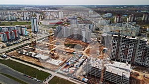 Large construction site. Construction of modern multi-storey residential buildings. Construction of apartment buildings from