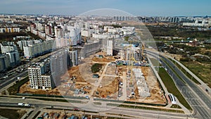 Large construction site. Construction of modern multi-storey residential buildings. Construction of apartment buildings from