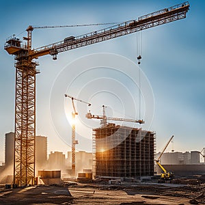 Large construction site including several cranes working on a building complex, with evening sunset, gold sunlight, construction