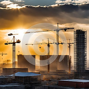 Large construction site including several cranes working on a building complex, with evening sunset, gold sunlight, construction