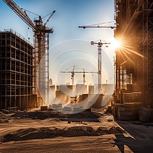 Large construction site including several cranes working on a building complex, with evening sunset, gold sunlight, construction