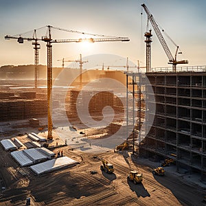 Large construction site including several cranes working on a building complex, with evening sunset, gold sunlight, construction