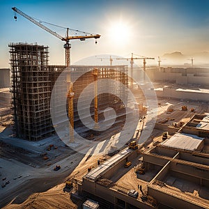 Large construction site including several cranes working on a building complex, with evening sunset, gold sunlight, construction