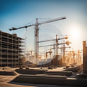 Large construction site including several cranes working on a building complex, with evening sunset, gold sunlight, construction