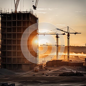 Large construction site including several cranes working on a building complex, with evening sunset, gold sunlight, construction