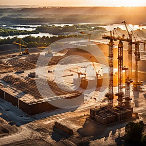 Large construction site including several cranes working on a building complex, with evening sunset, gold sunlight, construction