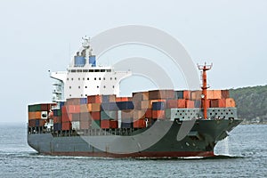 Large container cargo ship at sea.