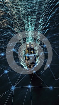 Large container ship with abstract digital pathways