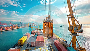 A large container ship is being loaded with containers in the middle of the ocean