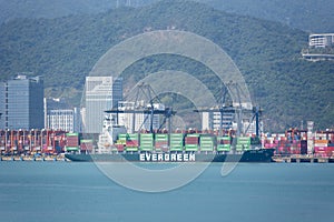 Large container ship berthed in the container terminal.