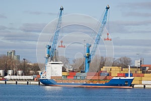 Large container ship in a dock at Klaipeda harbour